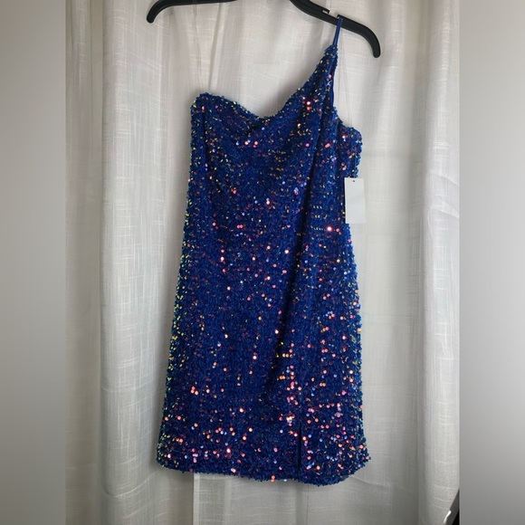 Midnight Doll Elegant Blue Sequin One-Shoulder Dress NWT Large - Picture 7 of 16